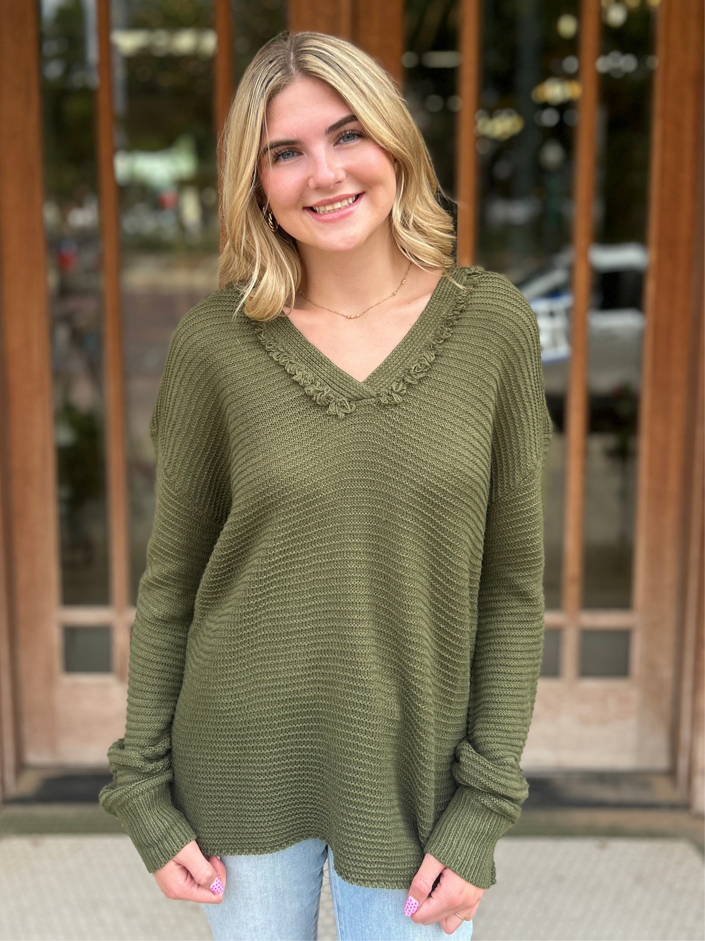 Tops | Sweater Olive Distressed V-Neck Knit Hoodie