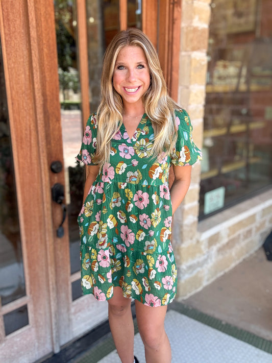 Dress | Green Short Sleeve V-Neck Floral Print Dress