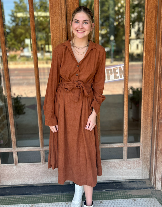 Dress | Midi Brown Corduroy V-Neck