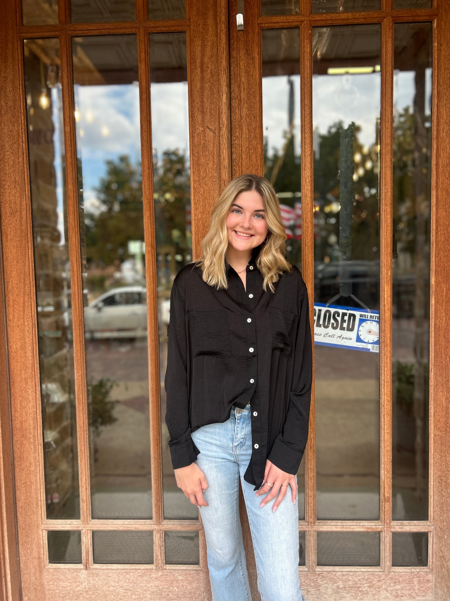 Tops | Blouse Black Silky Button Down Long Sleeve