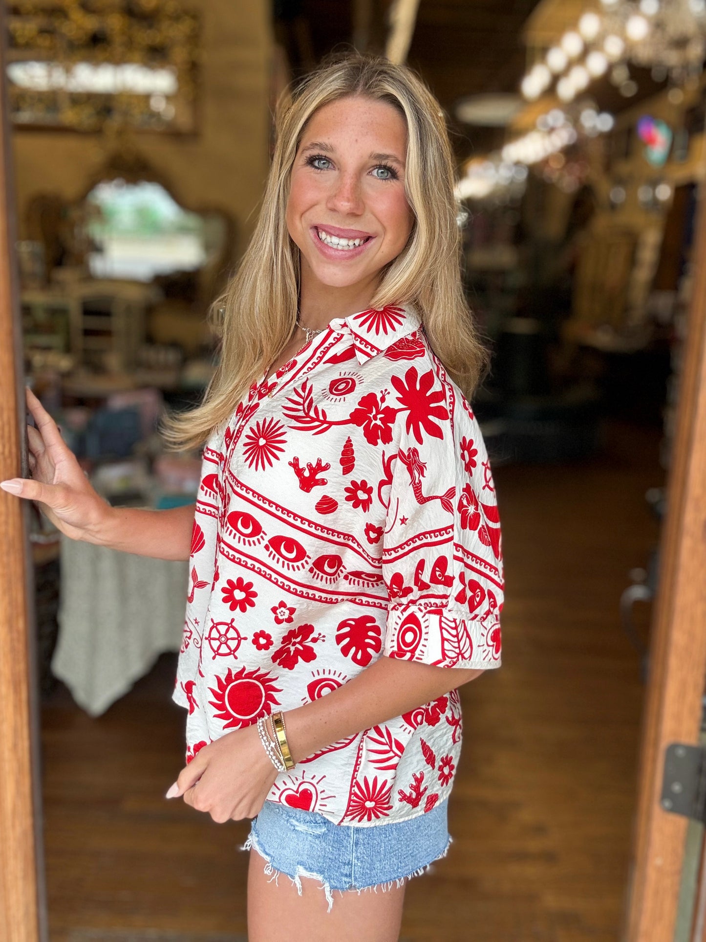 Top - Red Coastal Button Up
