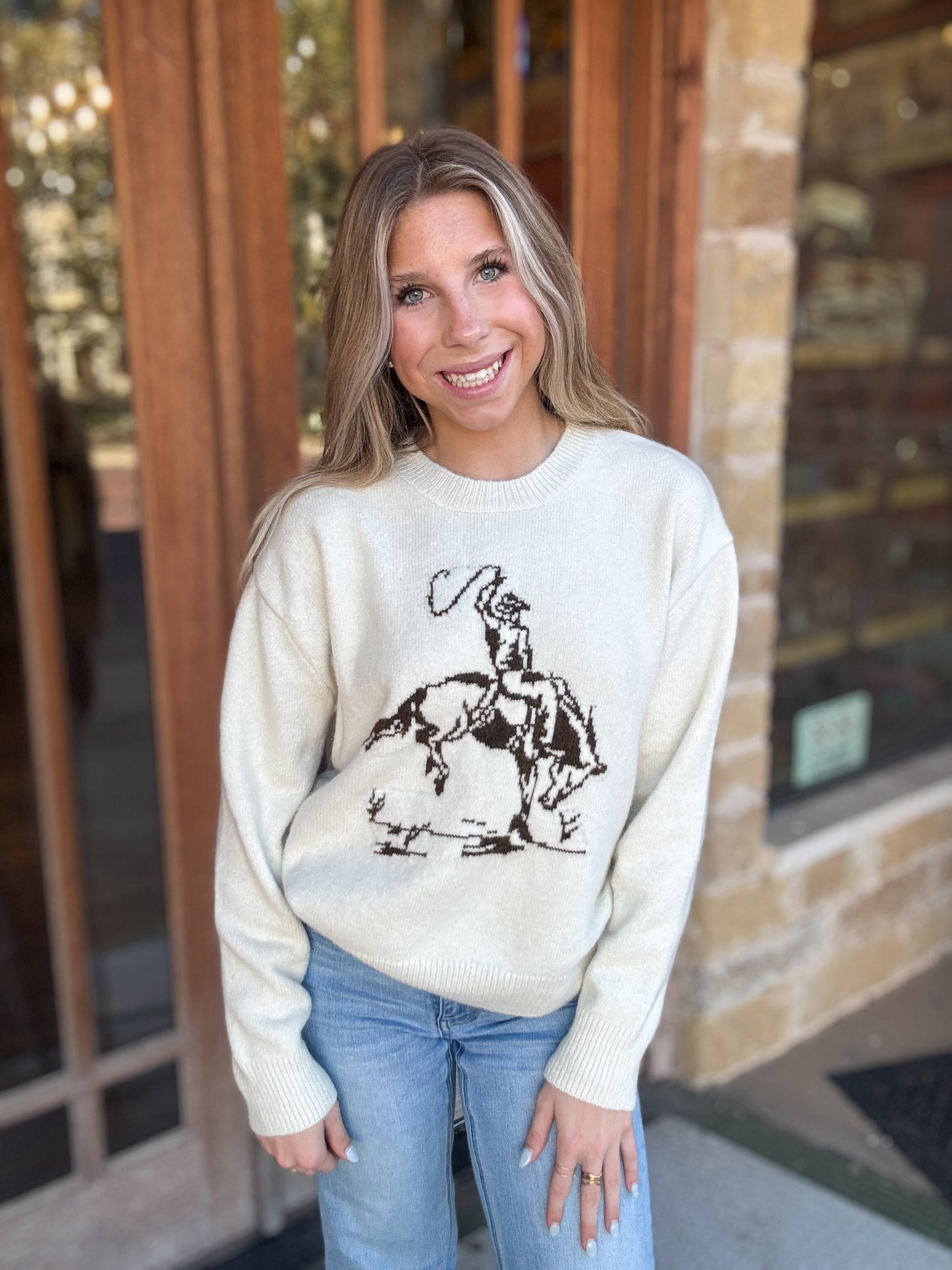 Tops | Sweater Ivory Cowboy Graphic Crew Ivory