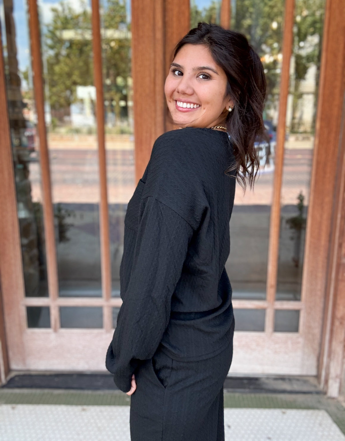 Sets | Black Textured Chest Pocket Long Sleeve