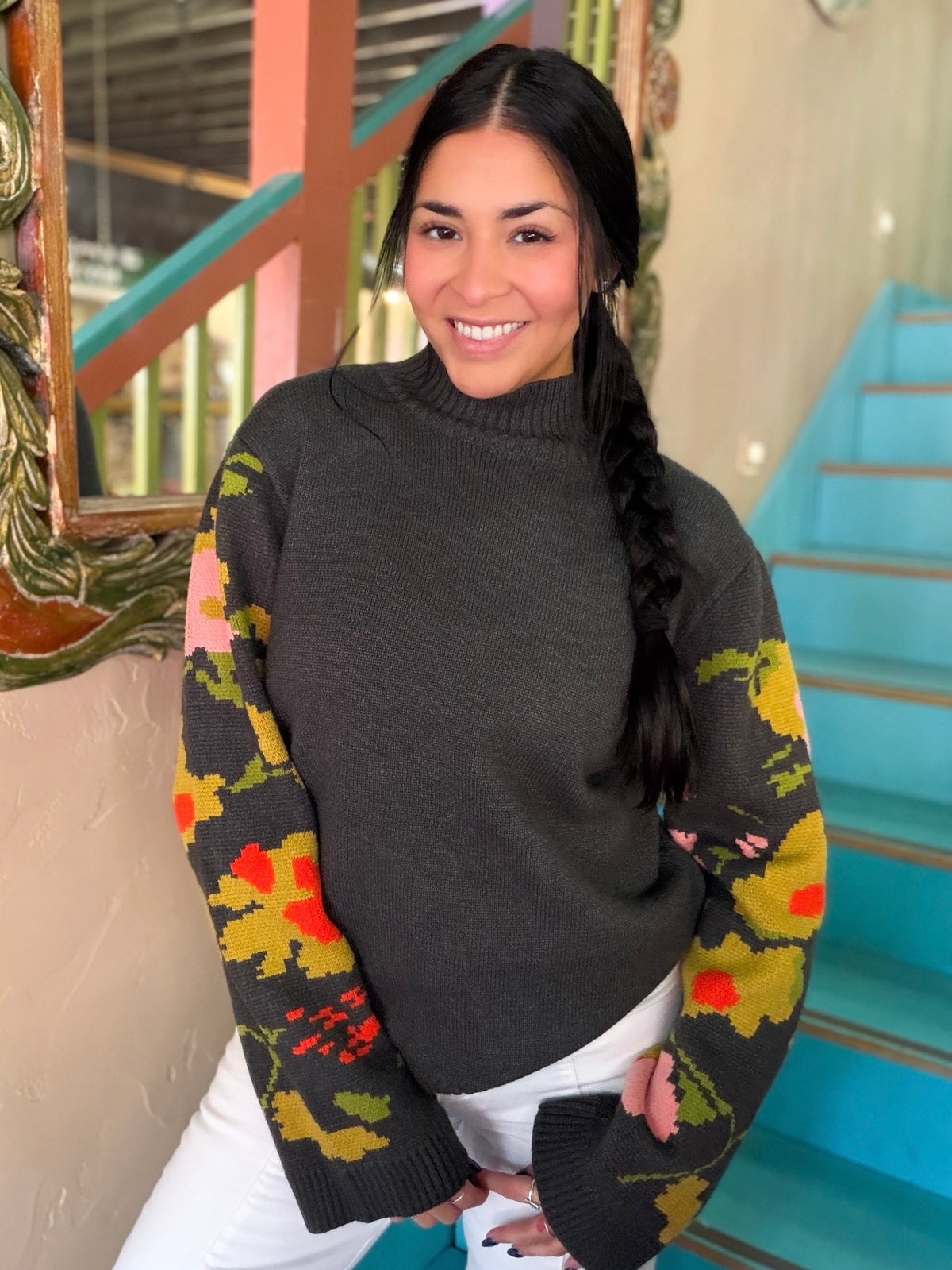 Sweater - Floral Mocked Turtleneck