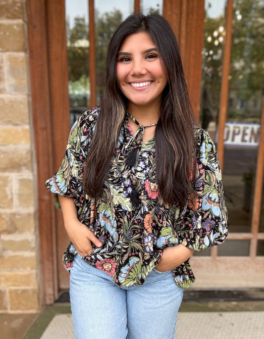 Tops | Blouse Charcoal Multi Floral Printed 3/4 Sleeve