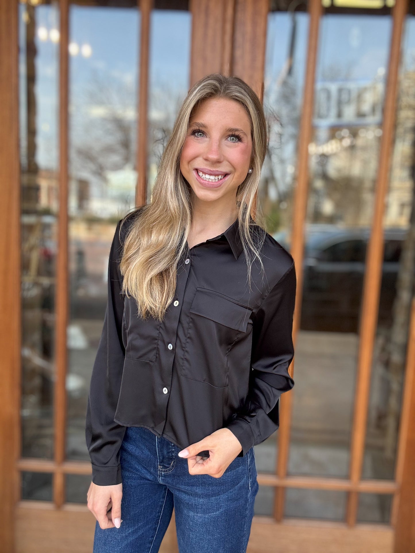 Black Cropped Button Down Blouse