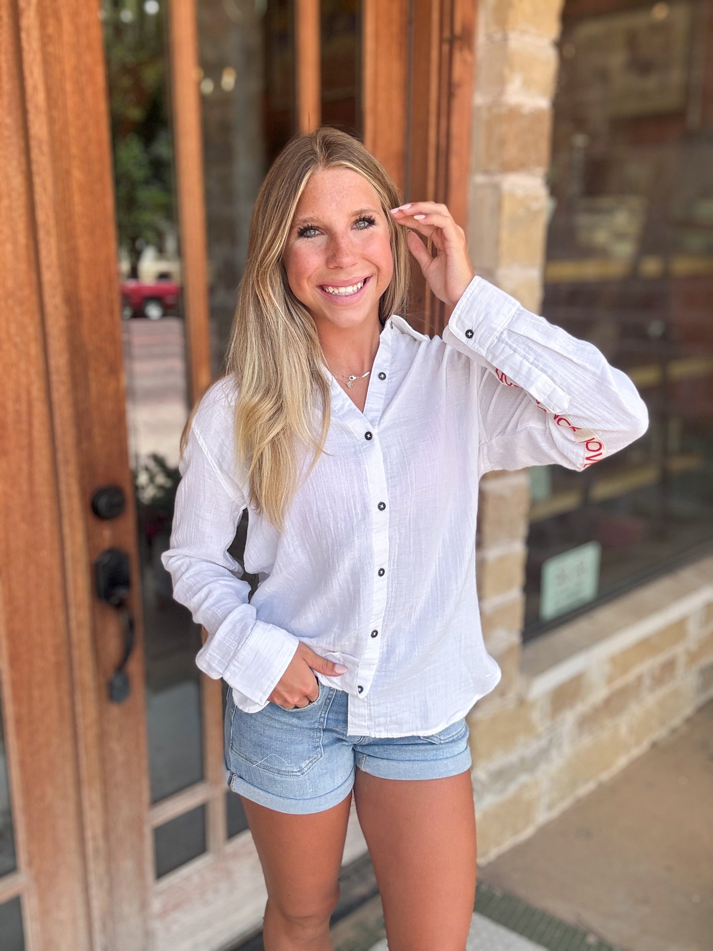 Top | Blouse White Cotton Gauze Heart Embroidery