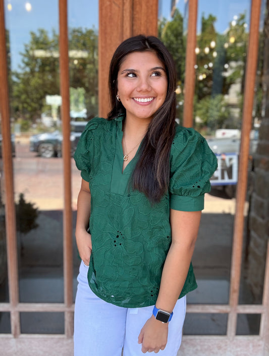 Tops | Blouse Green Eyelet V-Neck