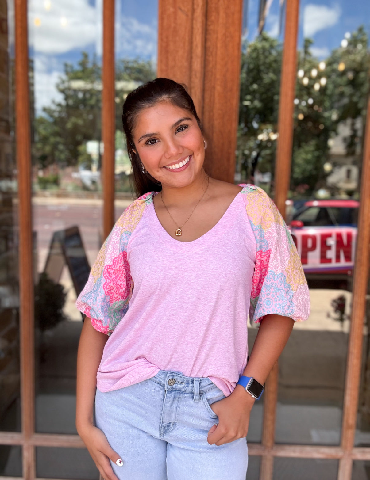 Tops | THML Blouse Embroidered Puff Sleeve