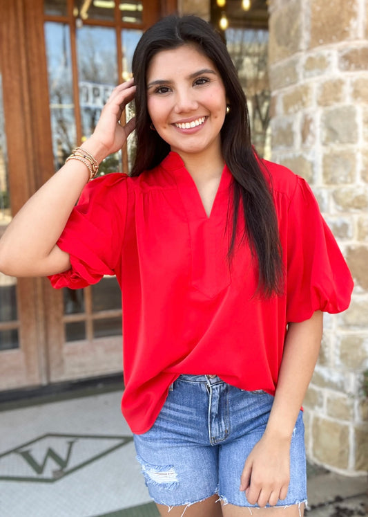 Top | Jodifl Red Puff Sleeve V Neck Top