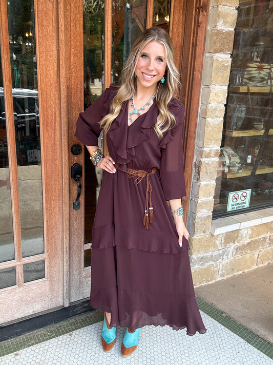 Dress | Maxi Chocolate Contemporary Flowy Ruffled with Belt