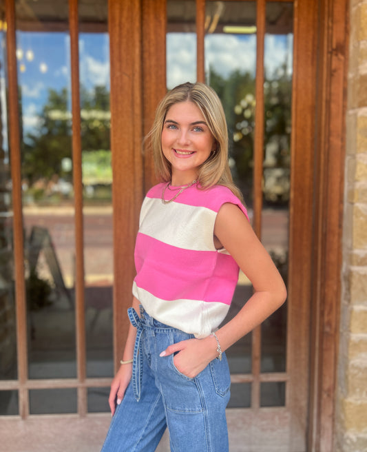 Tops | Sweater Ivory and Pink Stripe Block Knitted Sleeveless