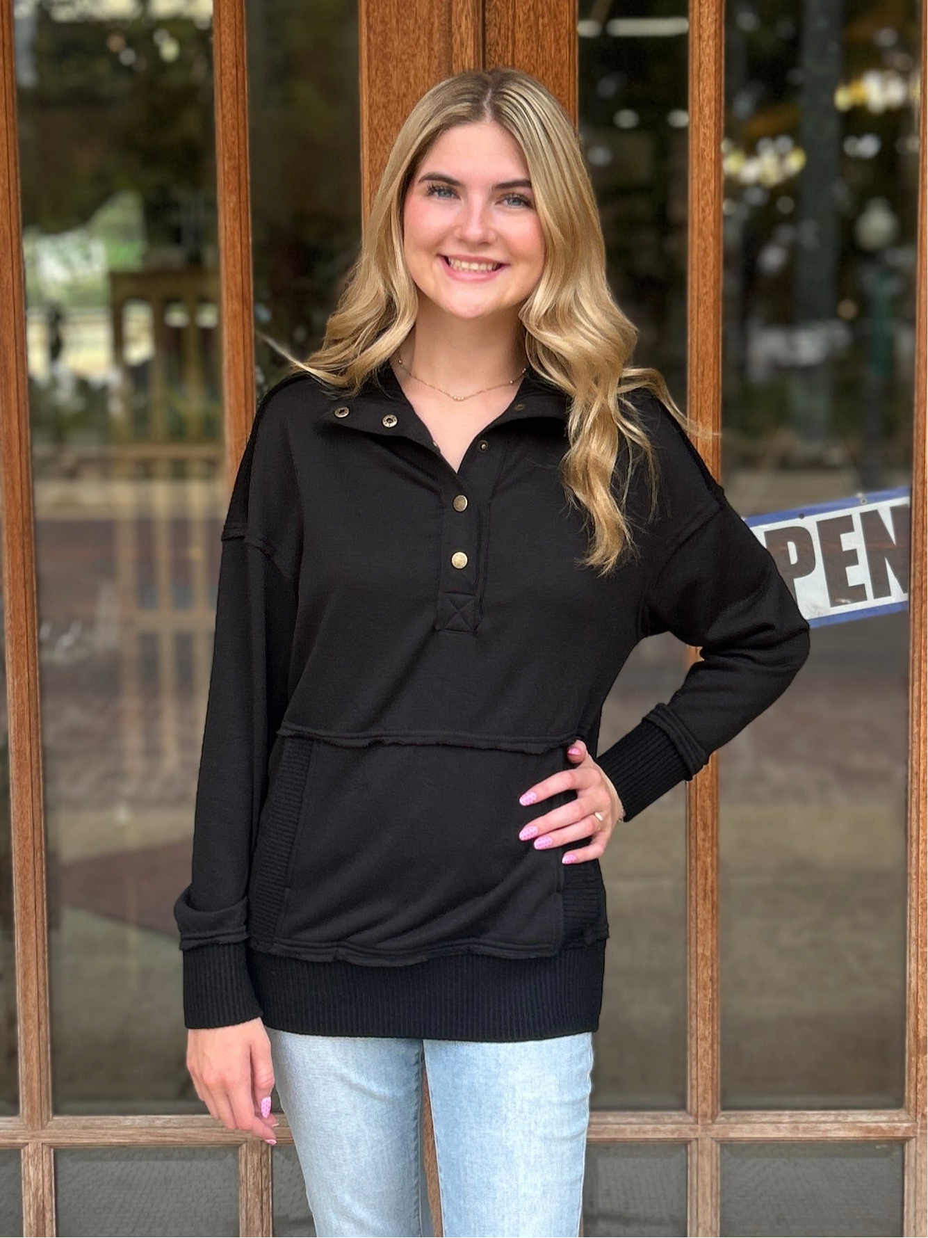 Tops | Sweatshirt Black Exposed Seam Henley Snap