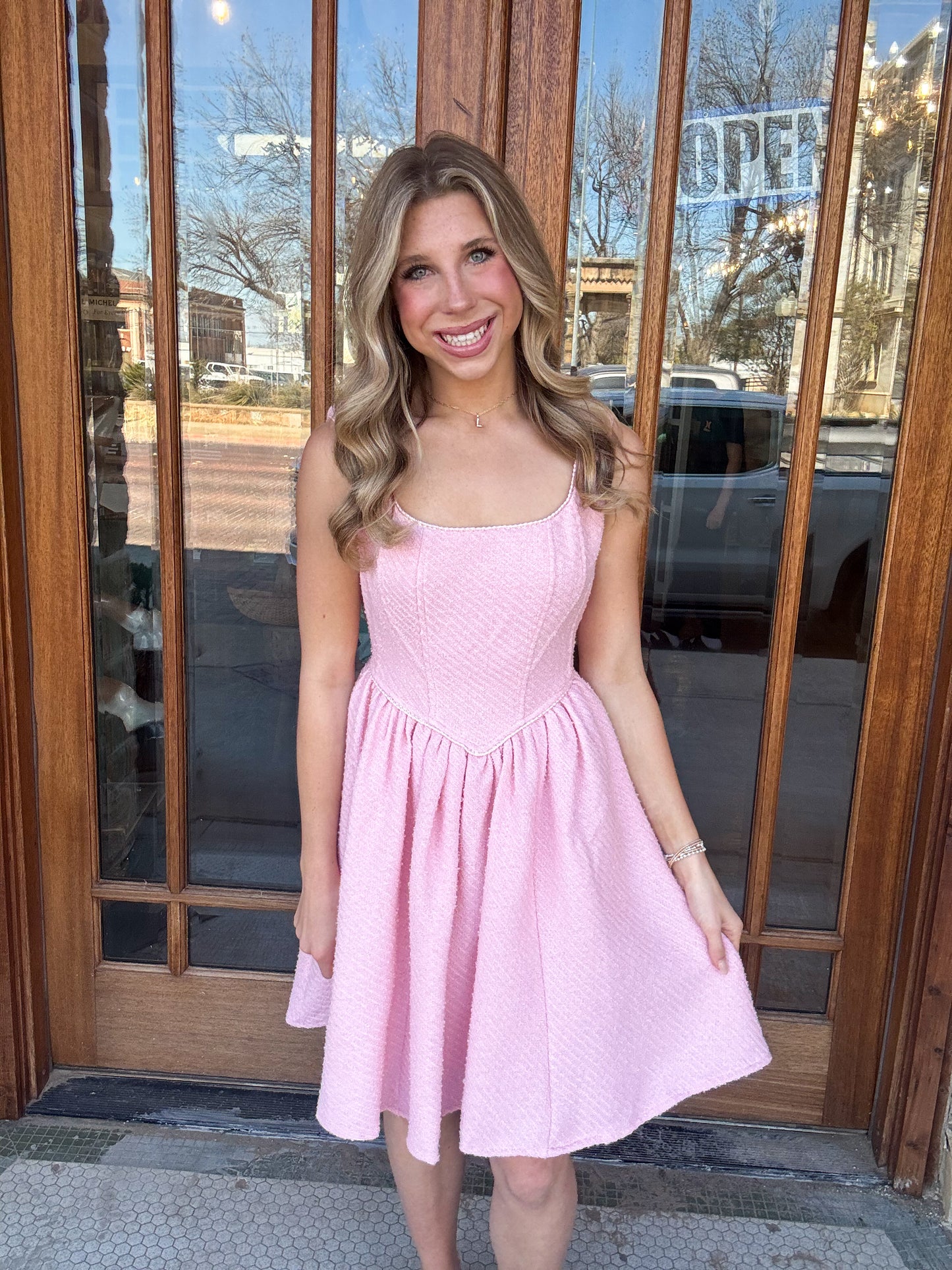 Pink Tweed Puff Mini Dress