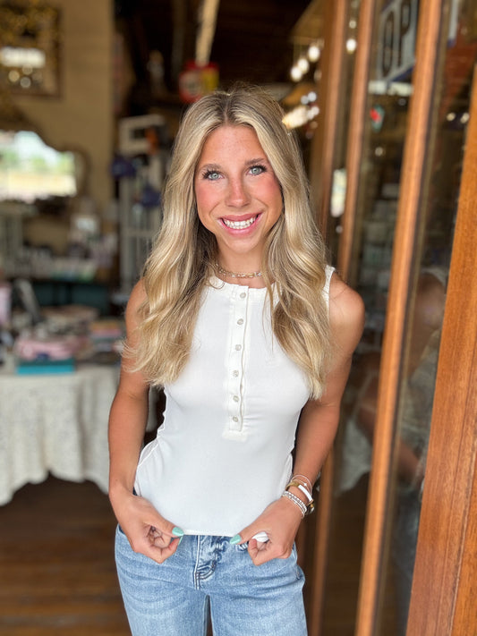 Tank - Ivory Sleeveless Henley Knit Tank