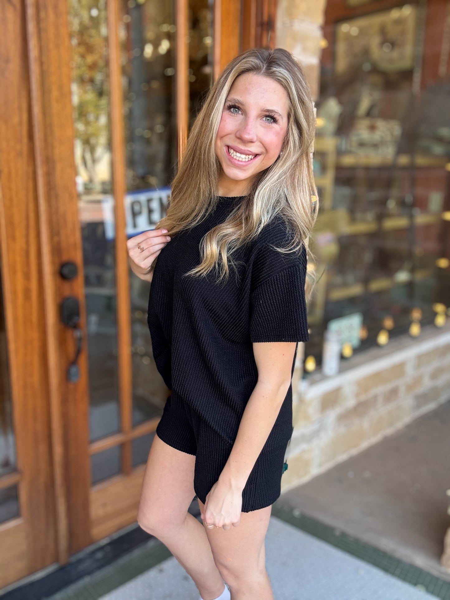 Sets | Black Short Sleeve & Shorts Raised Rib