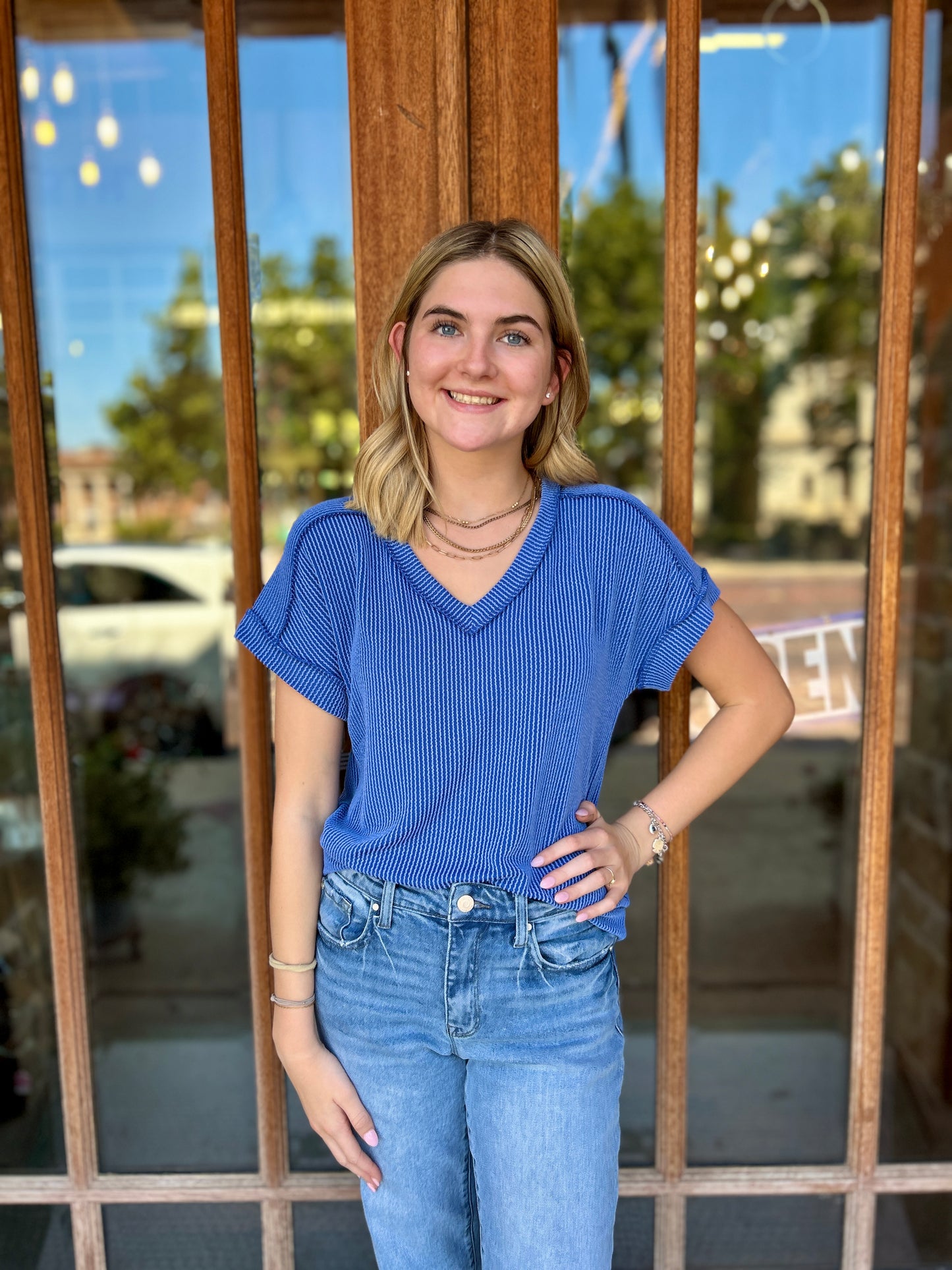 Tops | Blue Ribbed Short Sleeve V-Neck