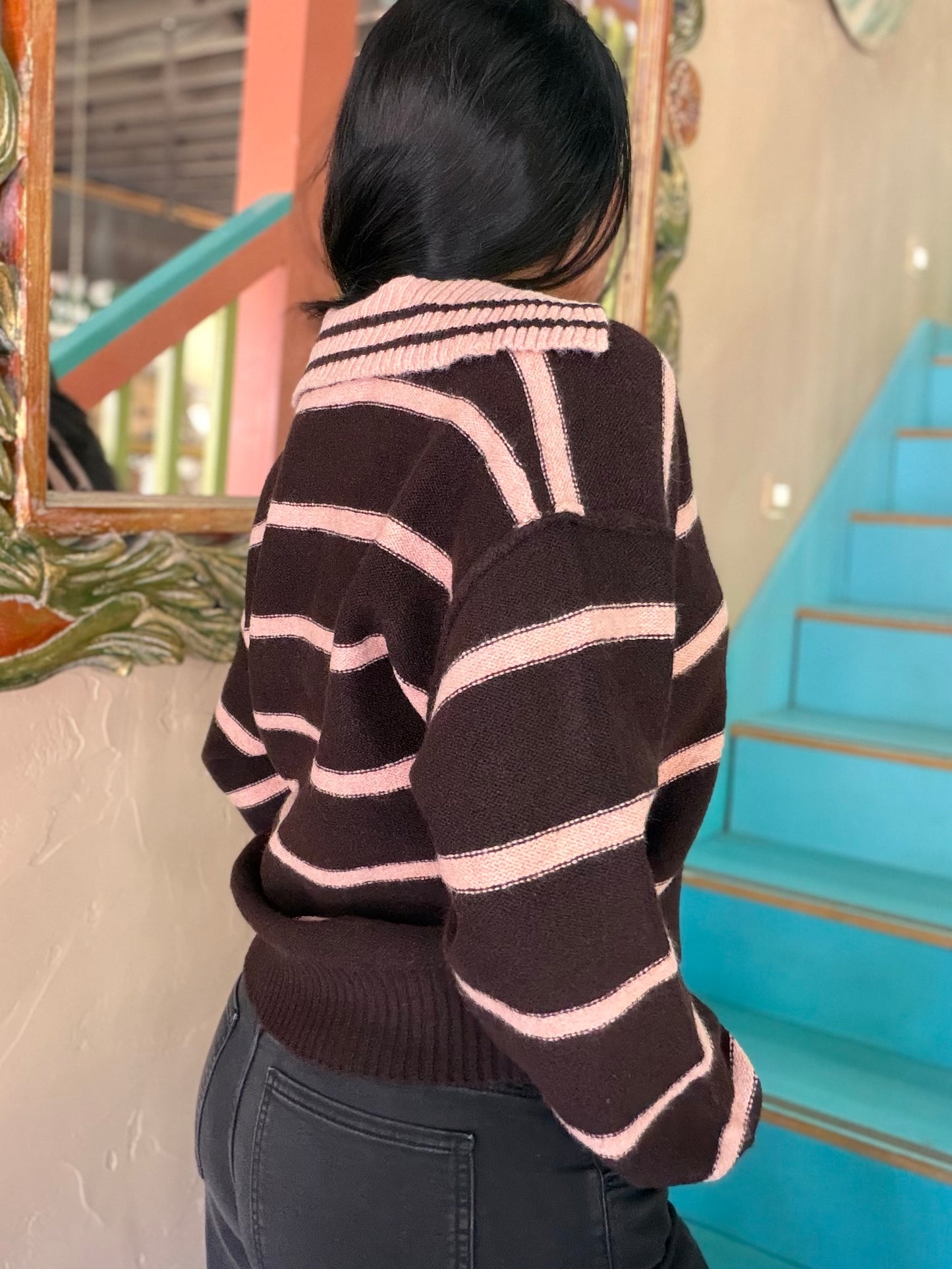 Sweater - Pink Stripe Collared Knit