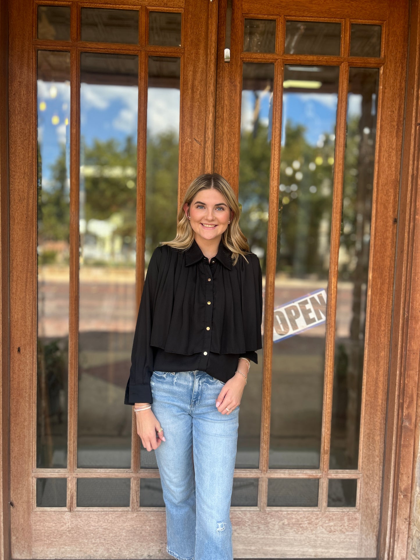 Tops | Blouse Black Loose Pleated Split Joint Lapel Long Sleeve