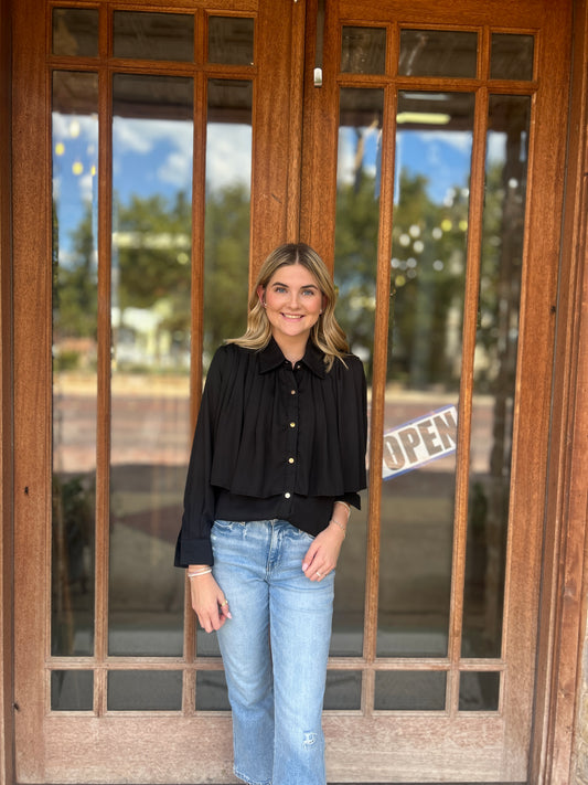 Tops | Blouse Black Loose Pleated Split Joint Lapel Long Sleeve