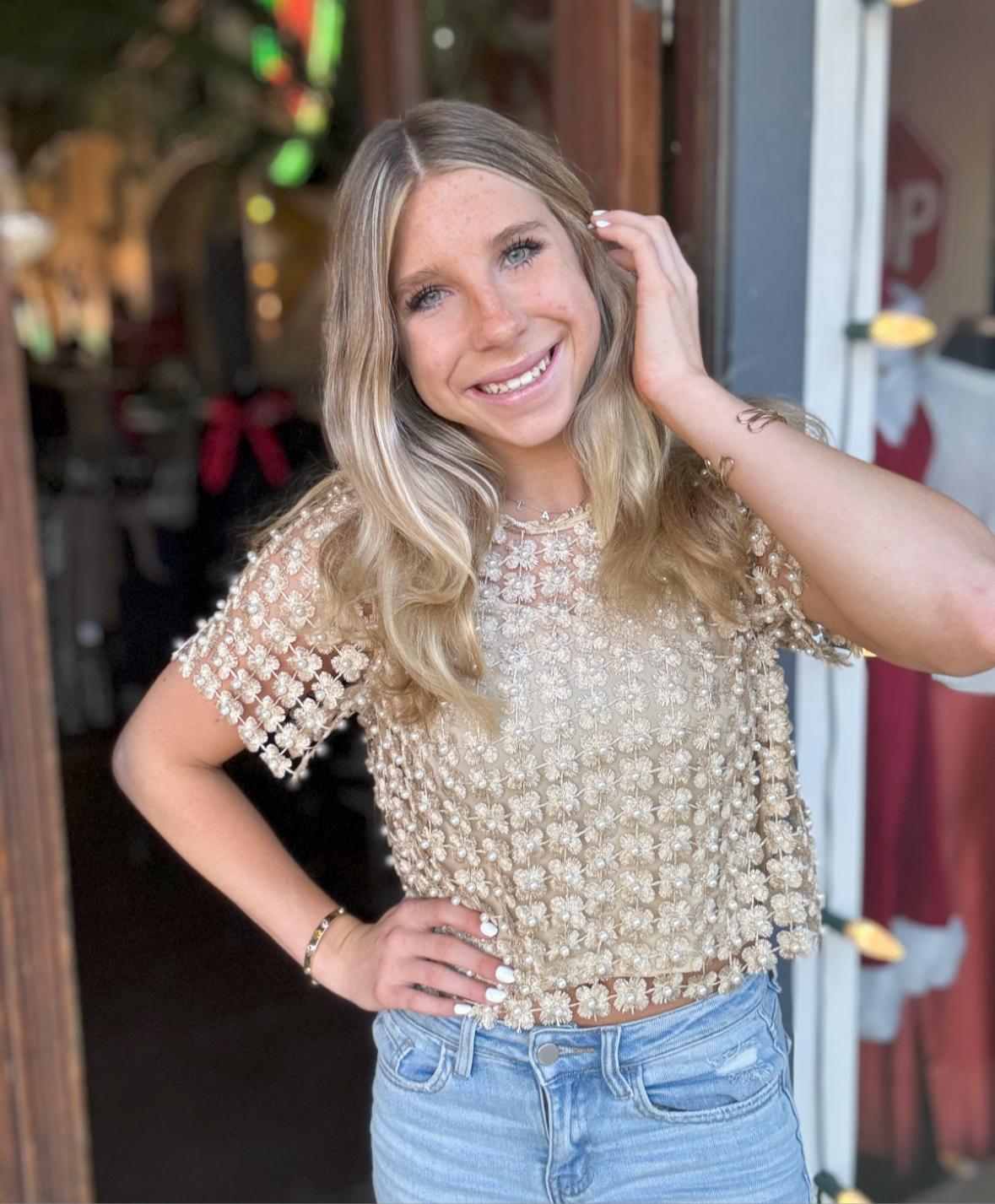 Top | Gold Crochet Lace Pearl Beaded Short Sleeve