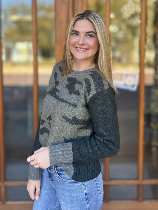 Tops | Sweater Camo Print Color-Blocked
