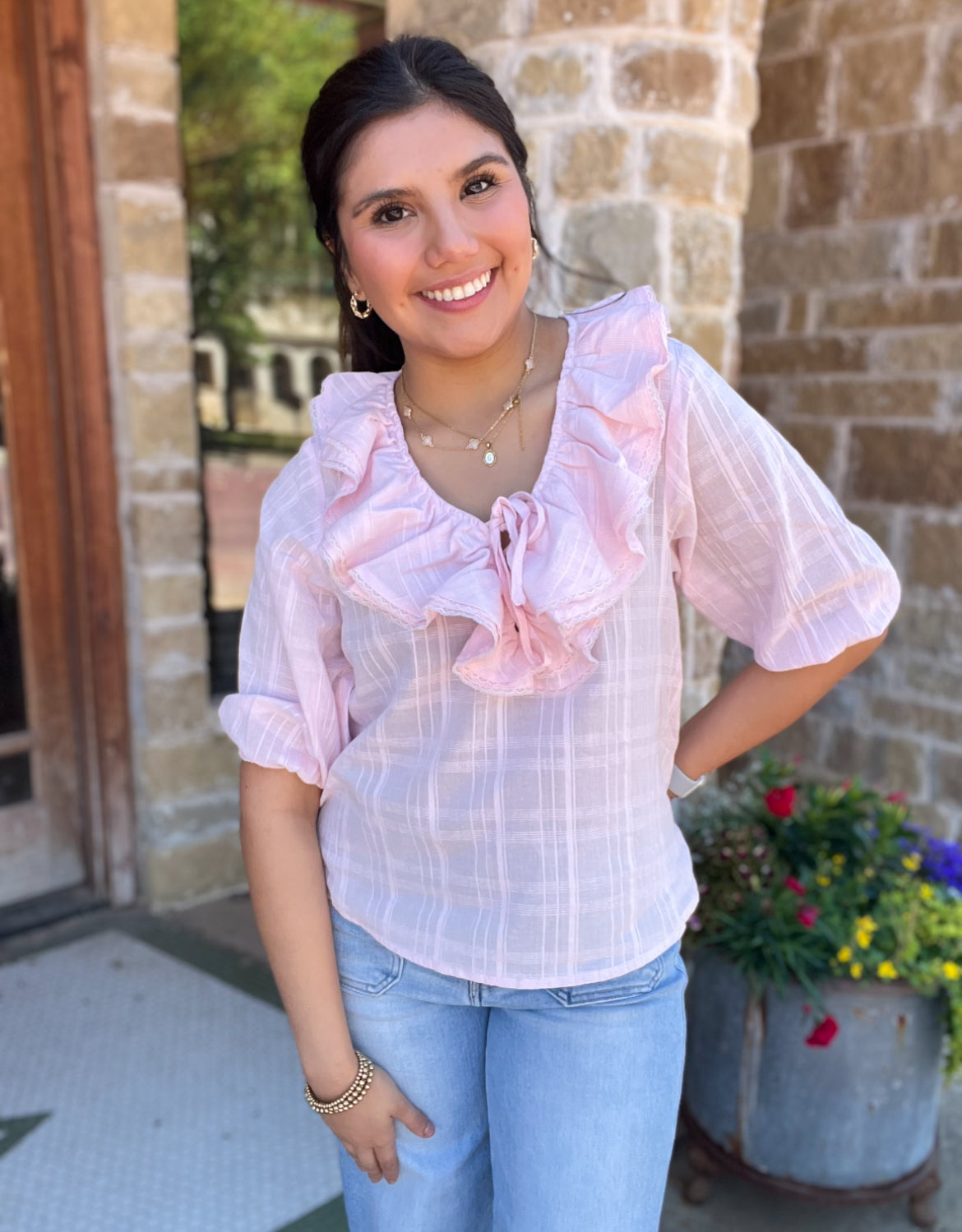 Tops | Blouse Ruffle Collar V-Neck Tie W/Lace Edge 3/4 Sleeves Light Pink or White Windowpane Design