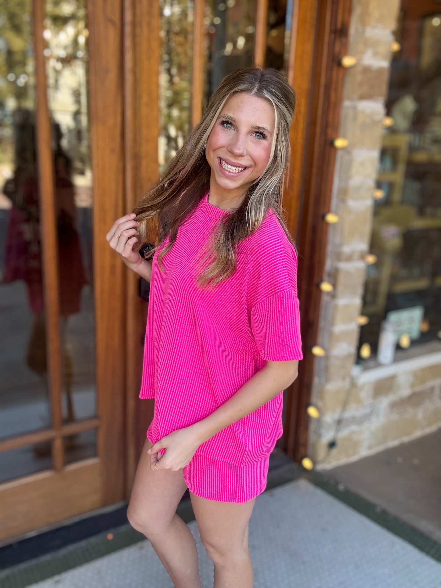 Sets | Neon Pink Short Sleeve & Shorts Raised Ribs