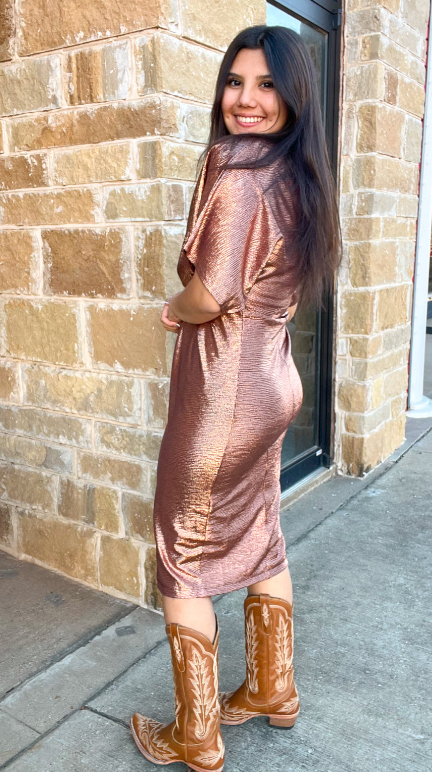 Dress | Rose Gold Midi Knot Dress with Half Sleeves Front Slit