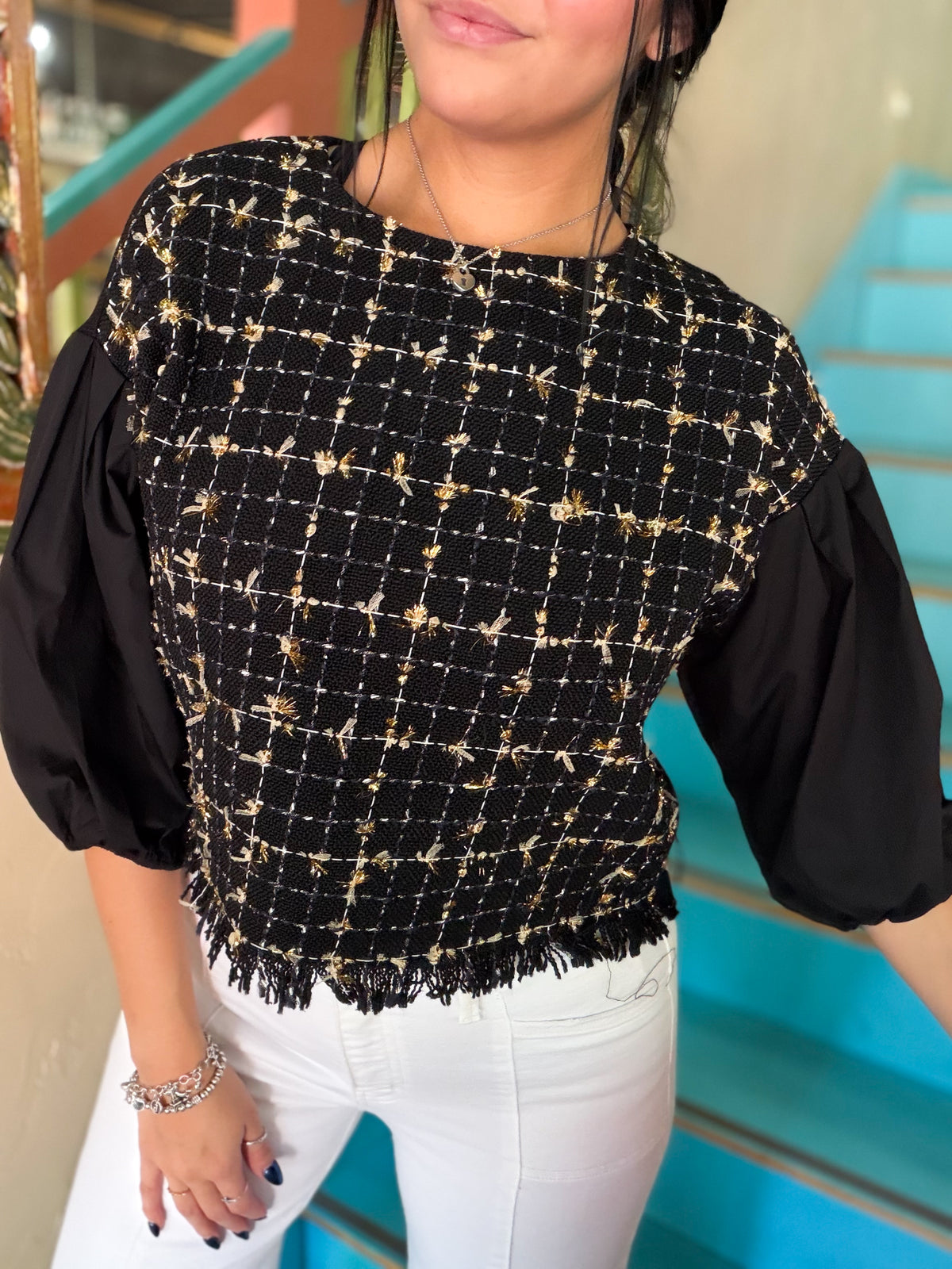 Blouse - THML Tweed Puff Sleeve