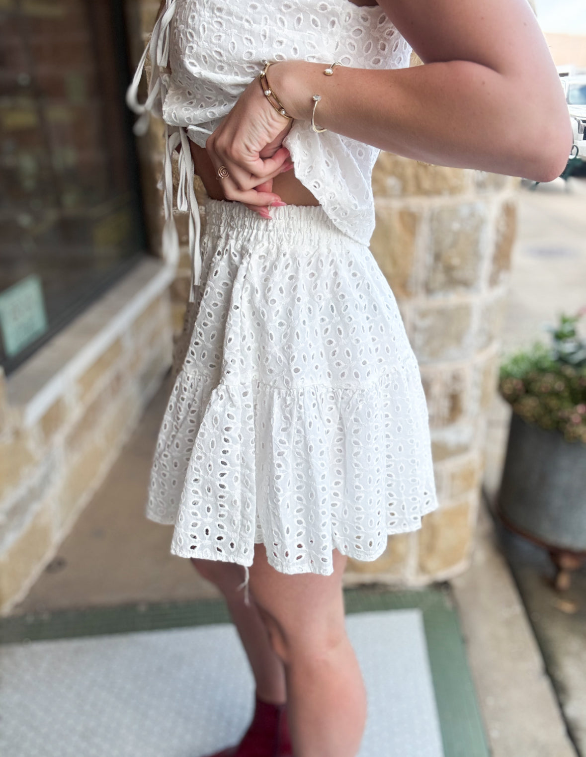 White Floral Eyelet Lace Tie Front Vest Top  & Tiered Skirt