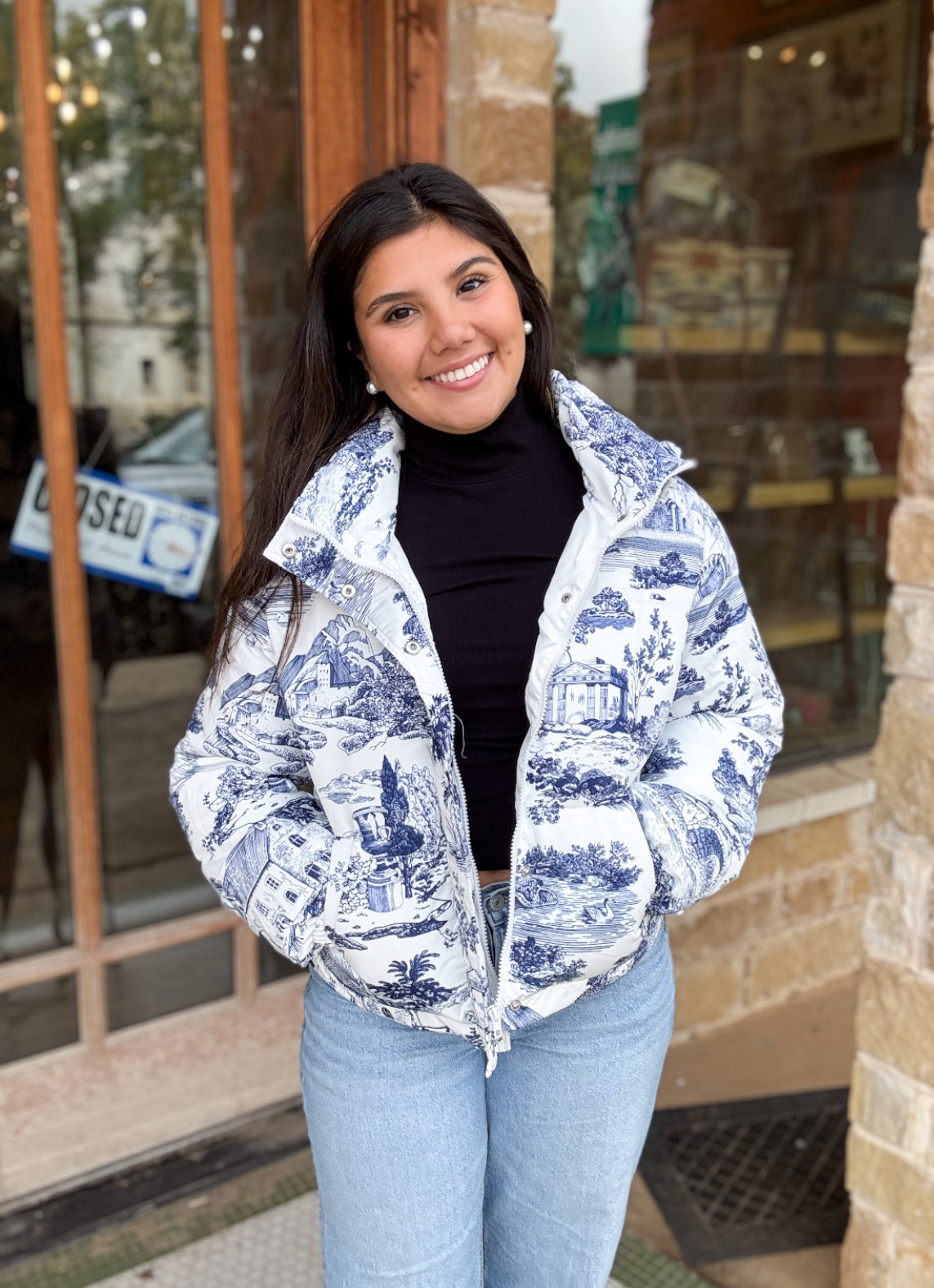 Coat | Jacket Blue Toile Snap Button Puffer