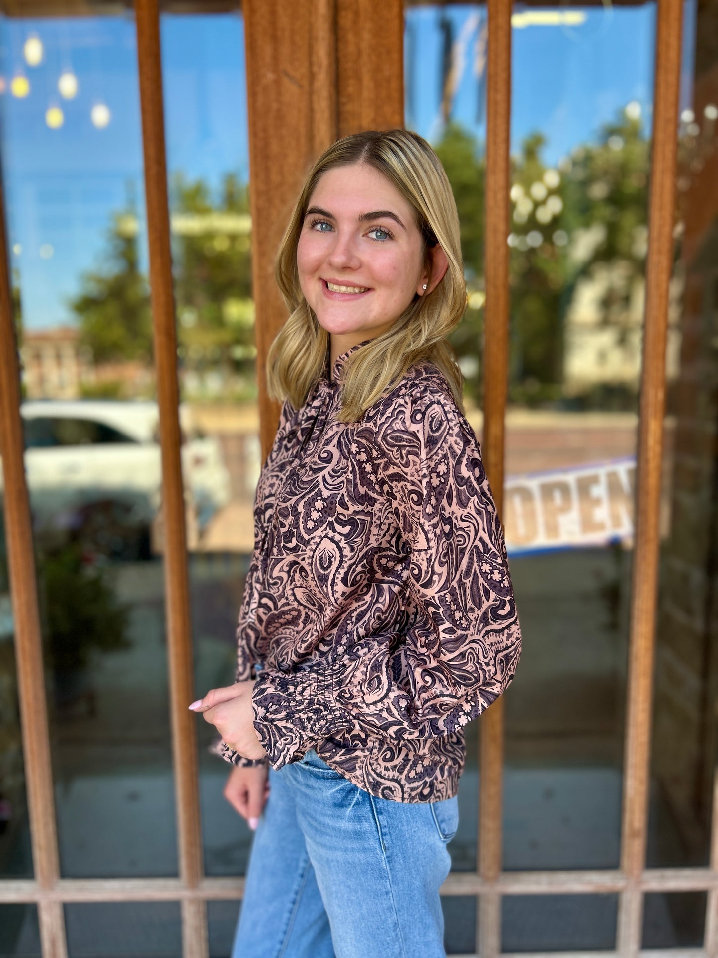 Tops | Blouse Brown Printed Long Sleeve