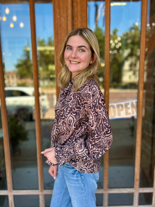 Tops | Blouse Brown Printed Long Sleeve