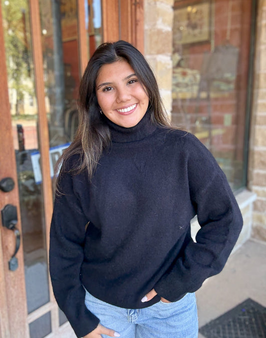 Top | One Size Fits All Black Loose High Neck Pullover Sweater