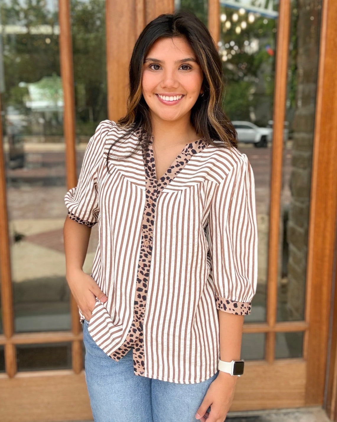 Blouse - Leopard Trim Button Down