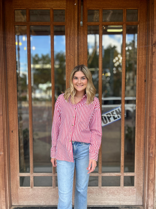 Tops | Blouse Stripe Patch Pocked Side Slit Loose Red