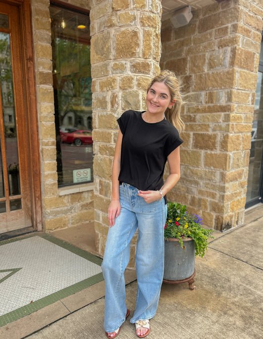 Tops | Tee Black Solid Short Sleeve