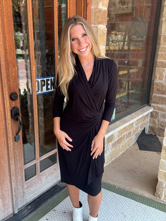 Dresses | Karen Kane Black Cascade Wrap 3/4 Sleeve