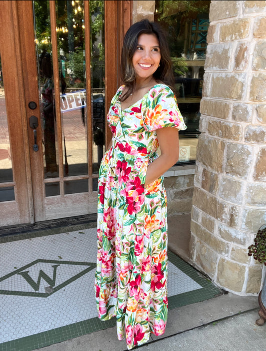 Dresses | Maxi Dress Bright Floral Tiered V-Neck With Puff Sleeves And Pockets