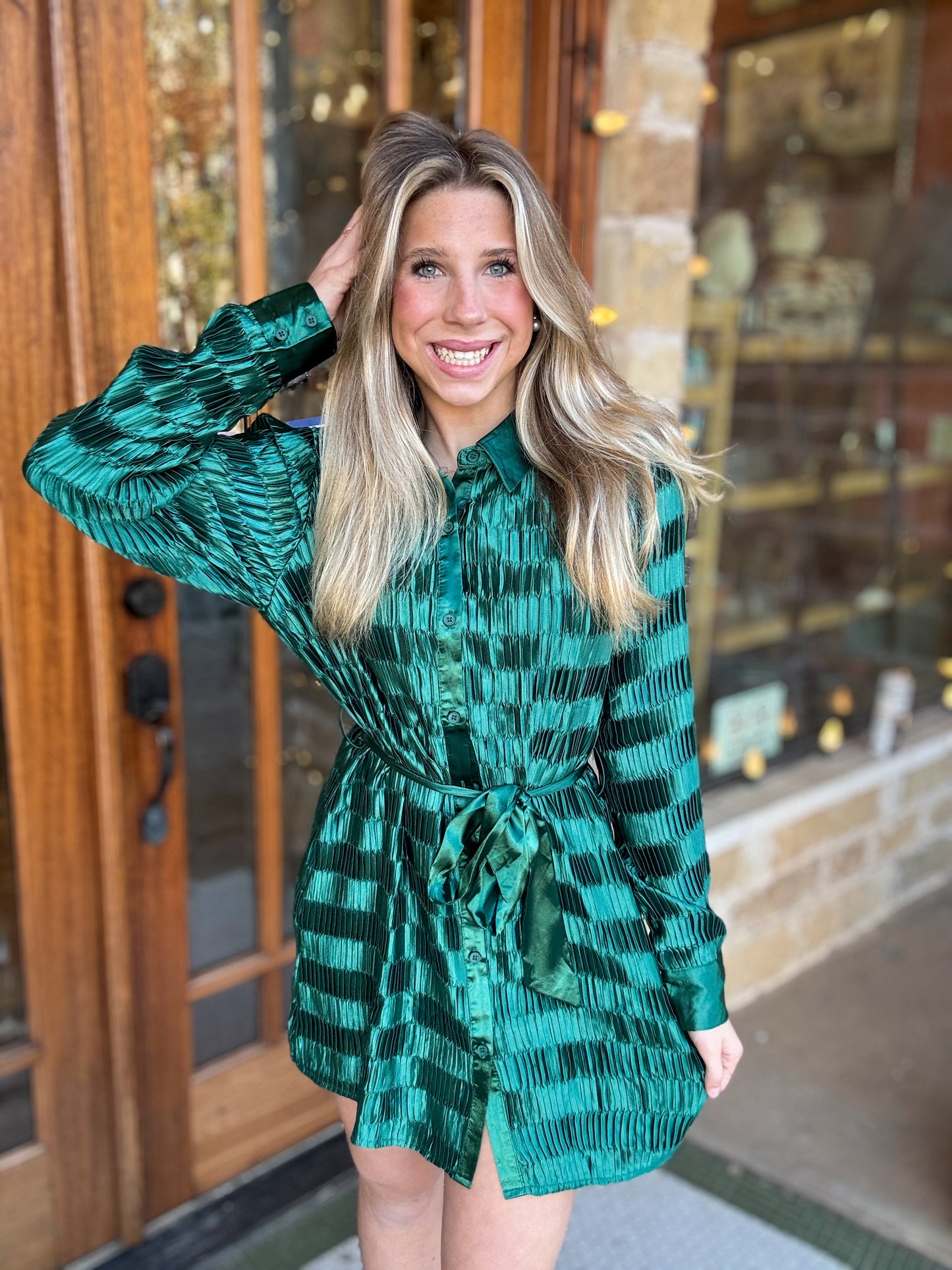 Dress | Mini Forest Shiny Satin Pleated