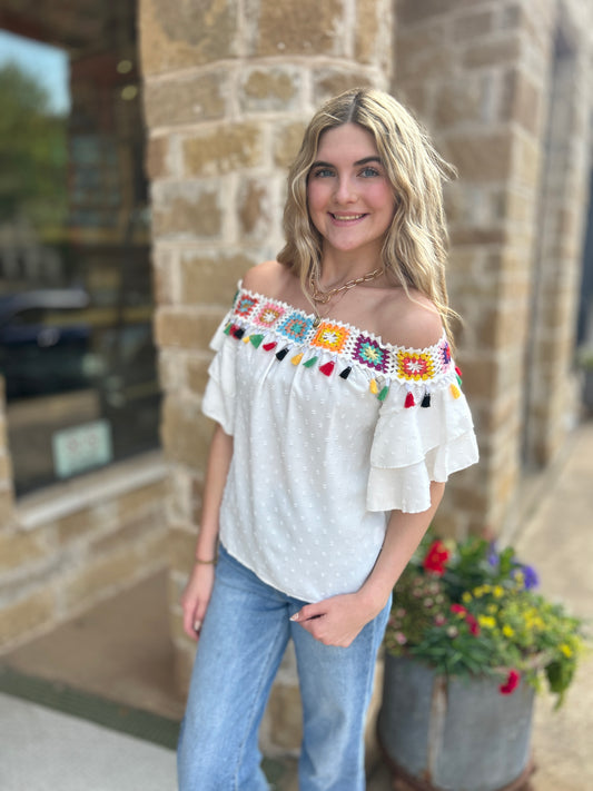 White Tassel Crochet Floral Off Shoulder Ruffle Sleeve Top