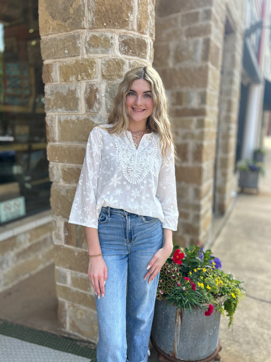 White Embroidered Lace V-Neck Loose Top
