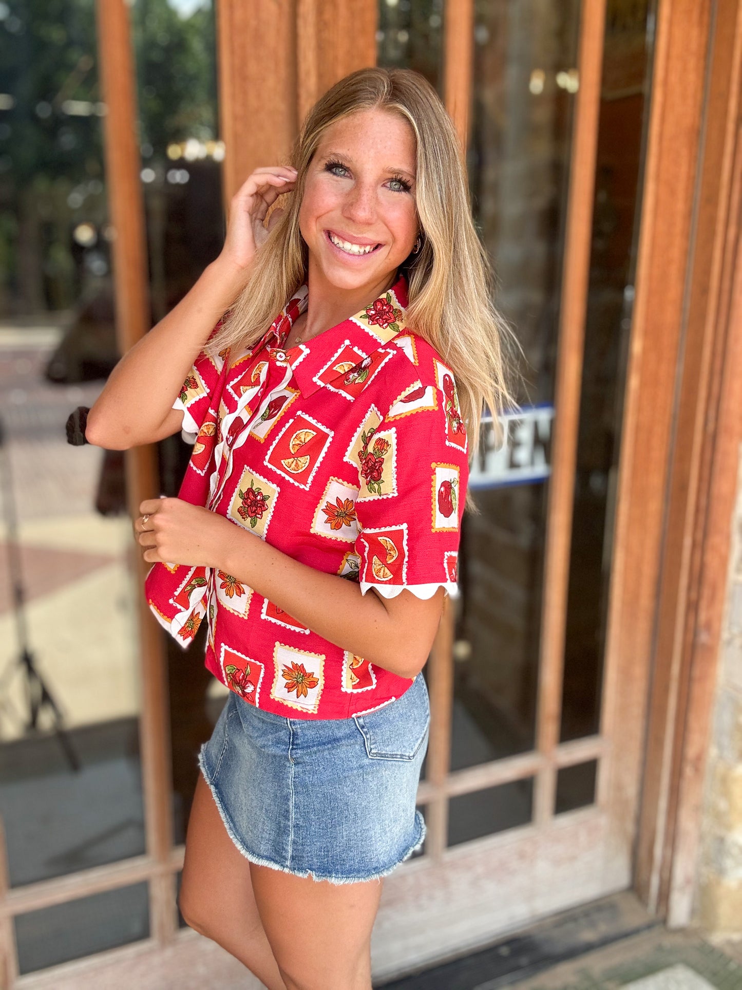 Tops | Blouse Printed Linen Short Sleeve Button Down Front