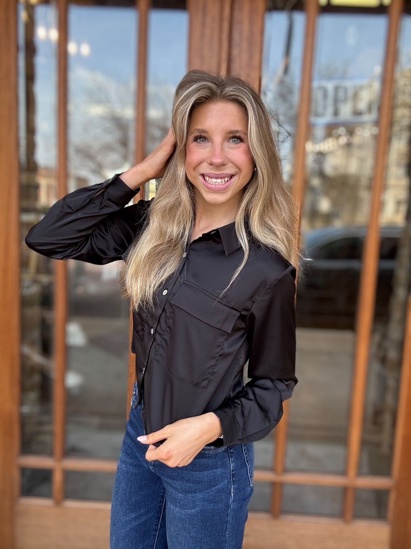 Black Cropped Button Down Blouse
