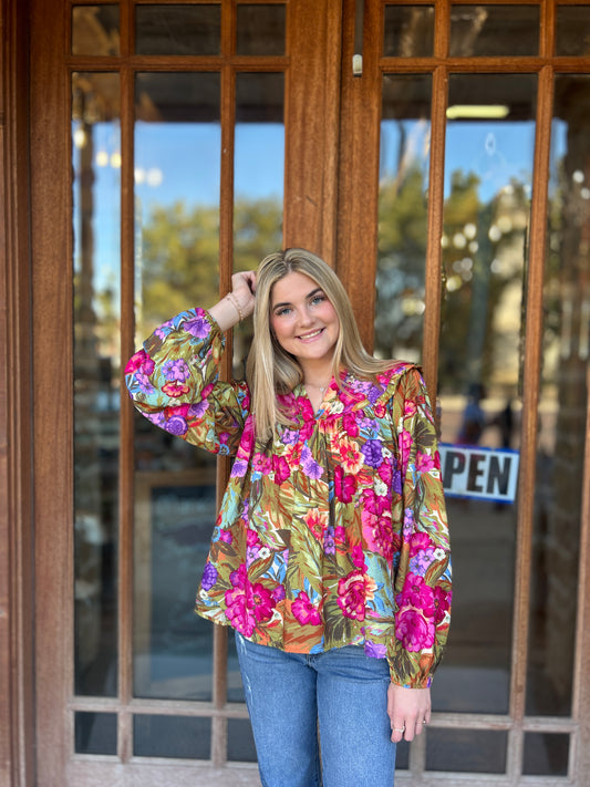 Tops | Blouse Floral Yoke Detail Balloon Sleeve