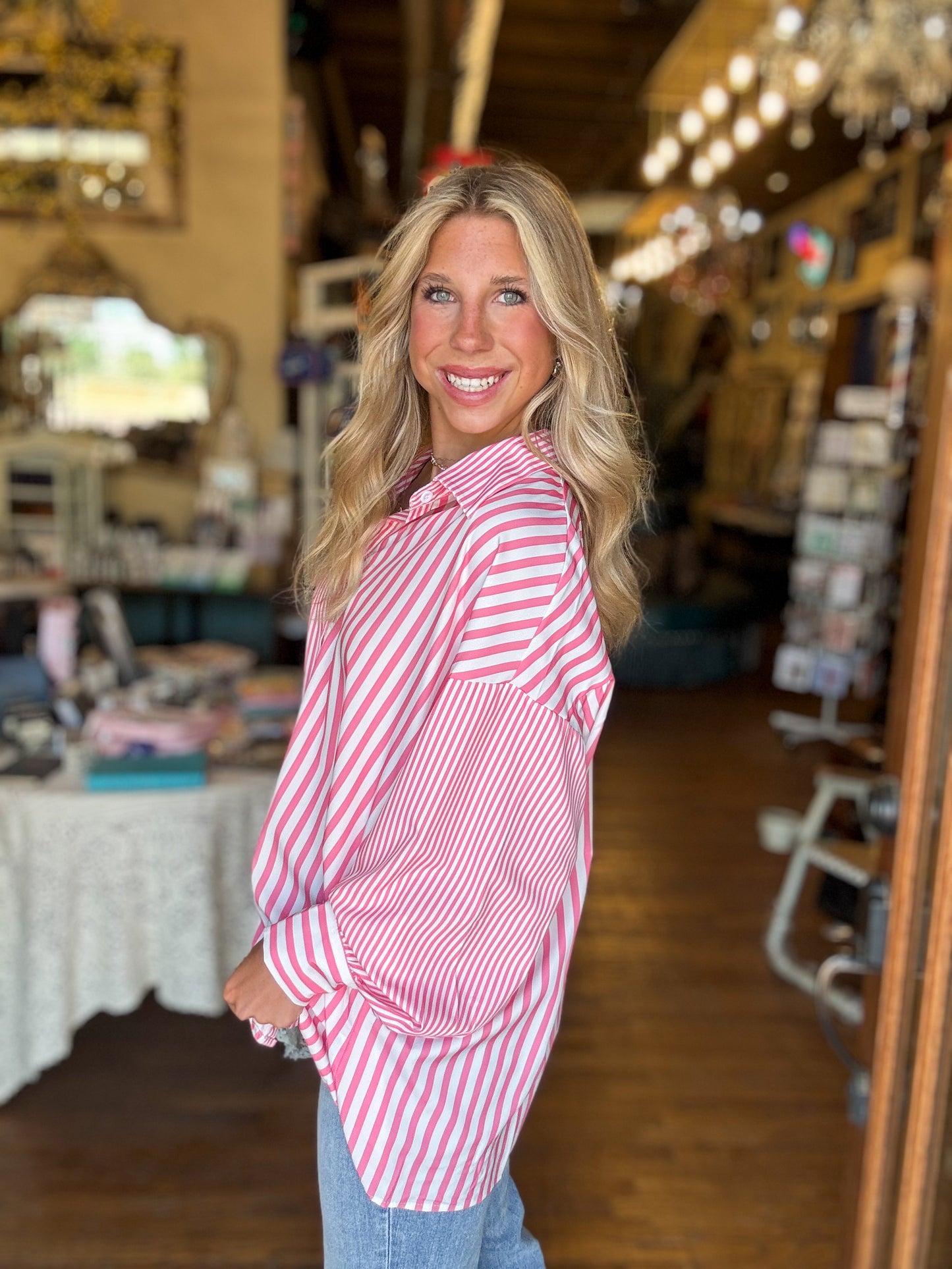 Pink Striped Lapel Collar Blouse