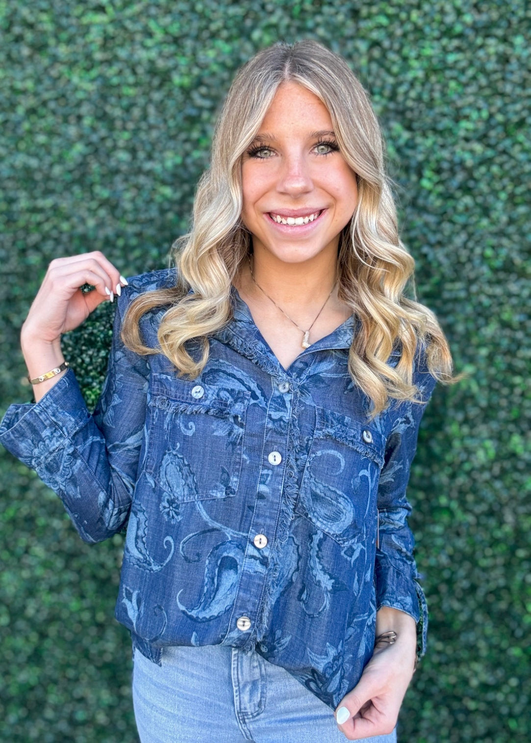 Top | John Mark Blouse Blue Printed Button Front W/Cinch Tie Sleeves