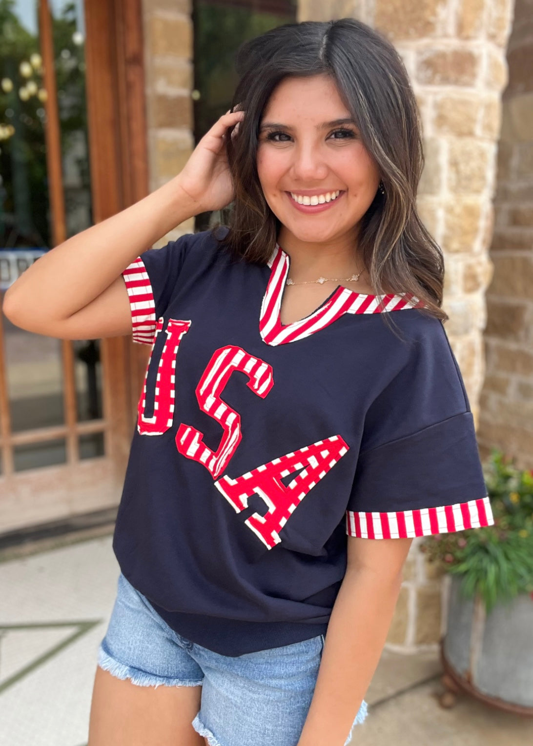 Tops | Blouse Pullover Navy with Red/White USA and Stripped Neck/Sleeve Hem Short Sleeves