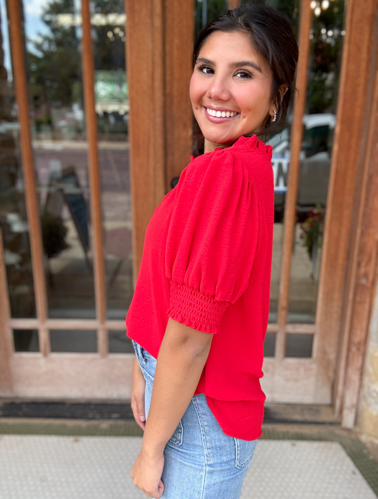 Tops | Jodifl Blouse Red Short Ruffle V Neck With Short Puff Sleeve